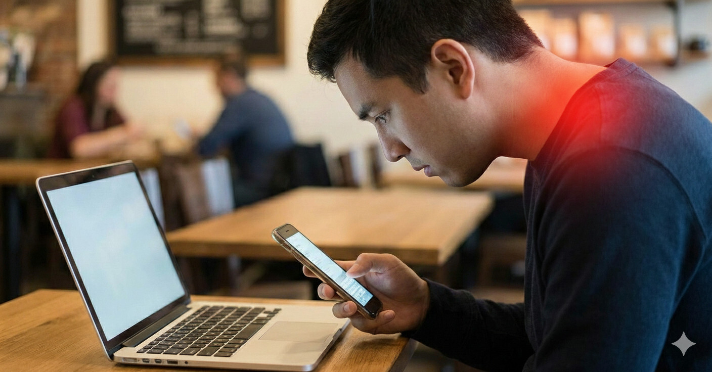 A man sitting at a table with a laptop, looking down at his smartphone. A red highlight is visible on the back of his neck, indicating pain or discomfort from 'tech neck'.