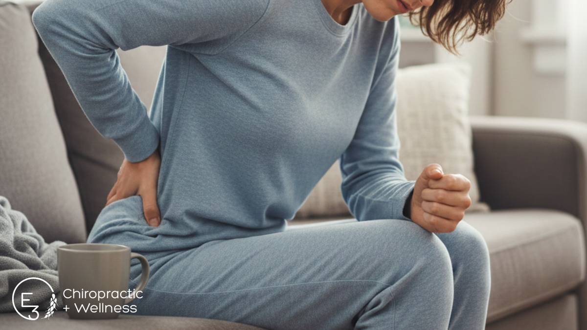 Woman sitting on a couch clutching her lower back in pain, illustrating the need for lower back pain relief from a Saskatoon chiropractor at E3 Chiropractic + Wellness